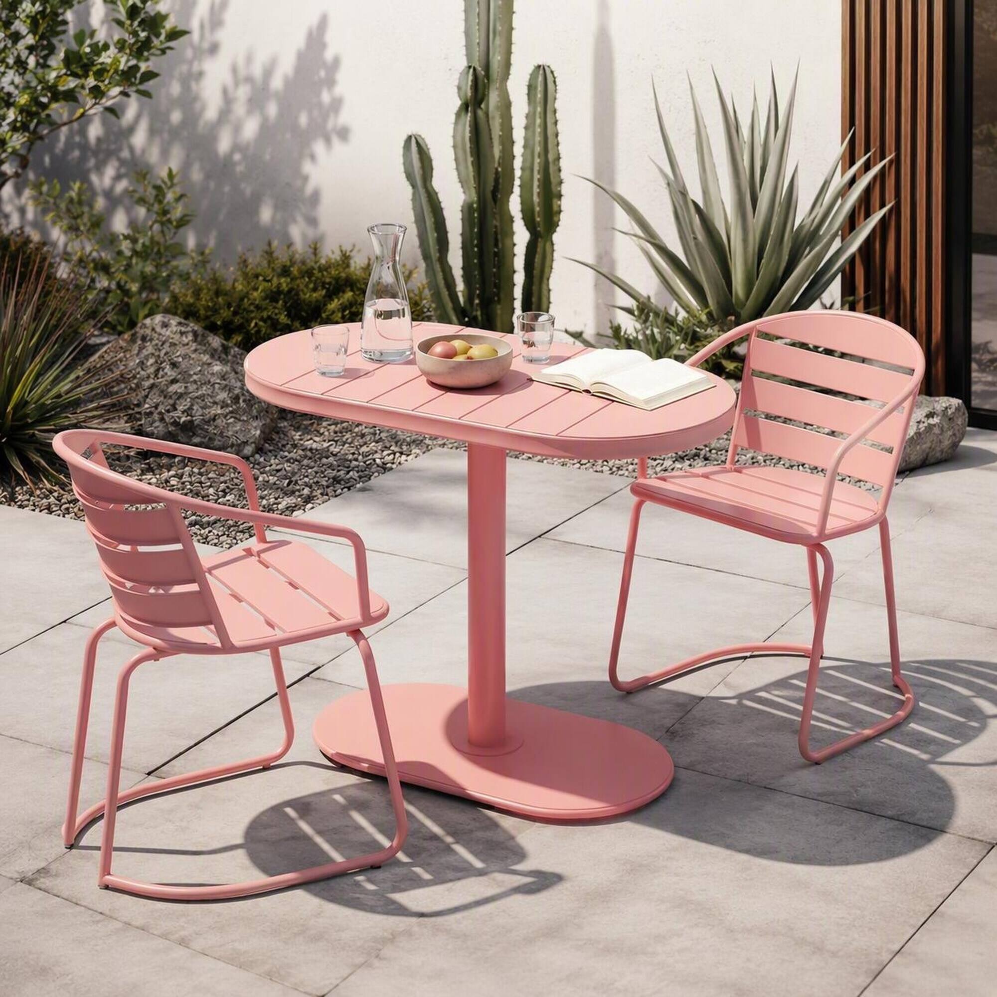 Left. RYHNUYNE - 3-Piece Pink Metal Outdoor Bistro Set,Oval Patio Table & 2 Armchairs,Outdoor Furniture for Balcony Garden Backyard - Coral.