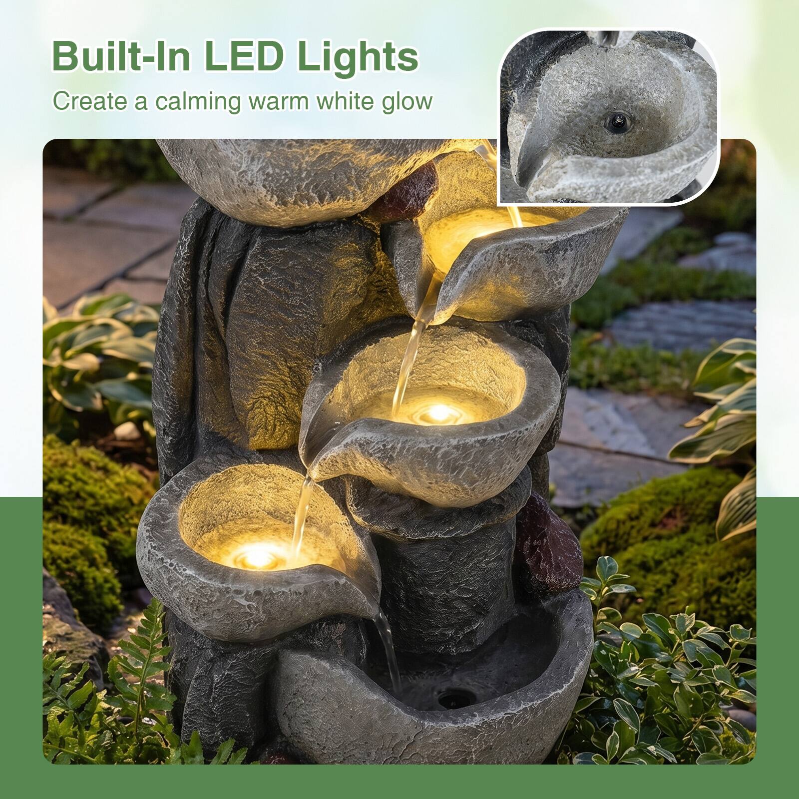 Built-In LED Lights  
Create a calming warm white glow