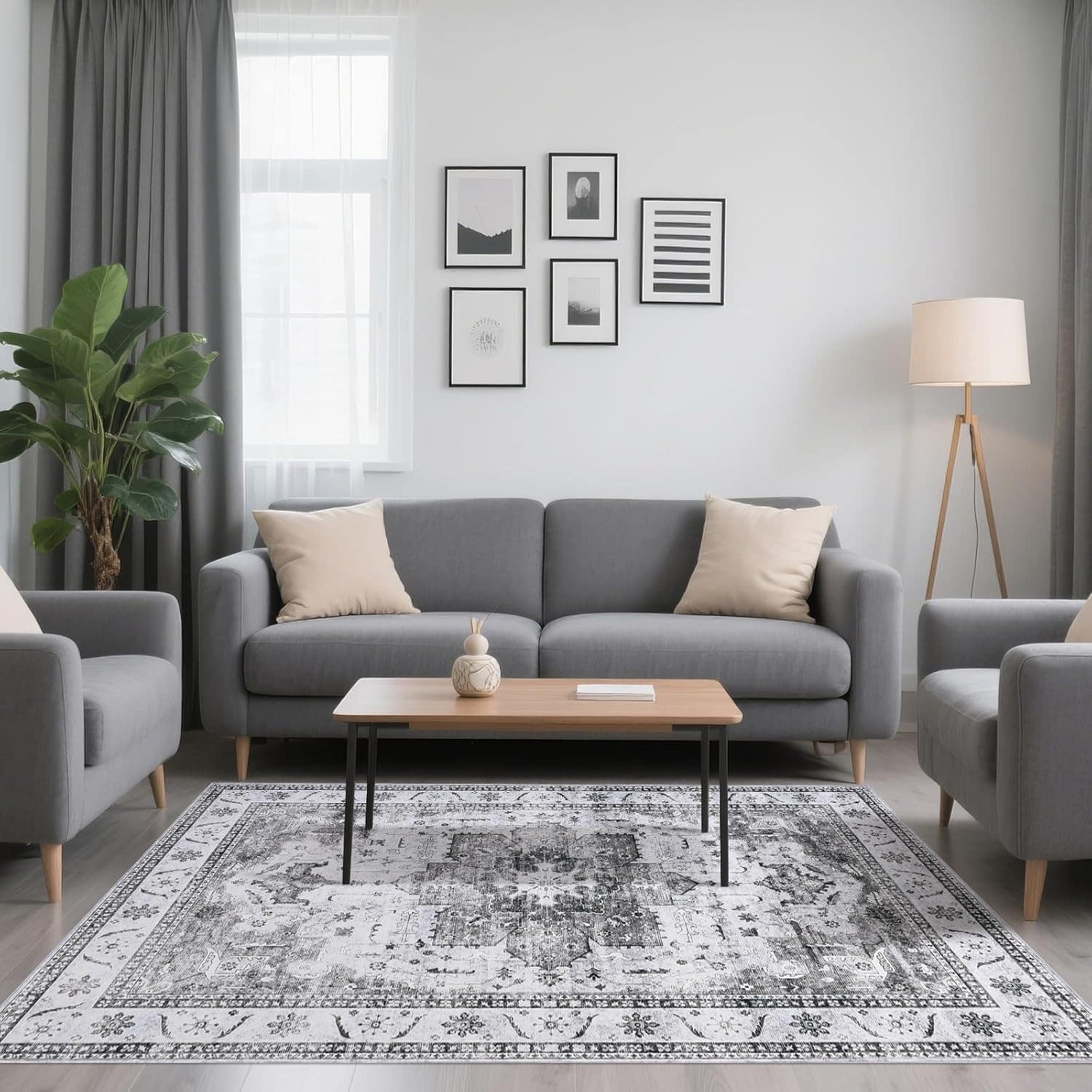 Jojoka - 8x10 Area Rug for Living Room, Boho Faux Wool, Low Pile, Floral Medallion Vintage, Anti-Slip TPR - Brown