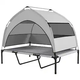 Pawhut - Dog Bed with Removable Canopy, Portable Outside Raised Pet Cot with Cooling Pad, Storage Bag - Light Gray