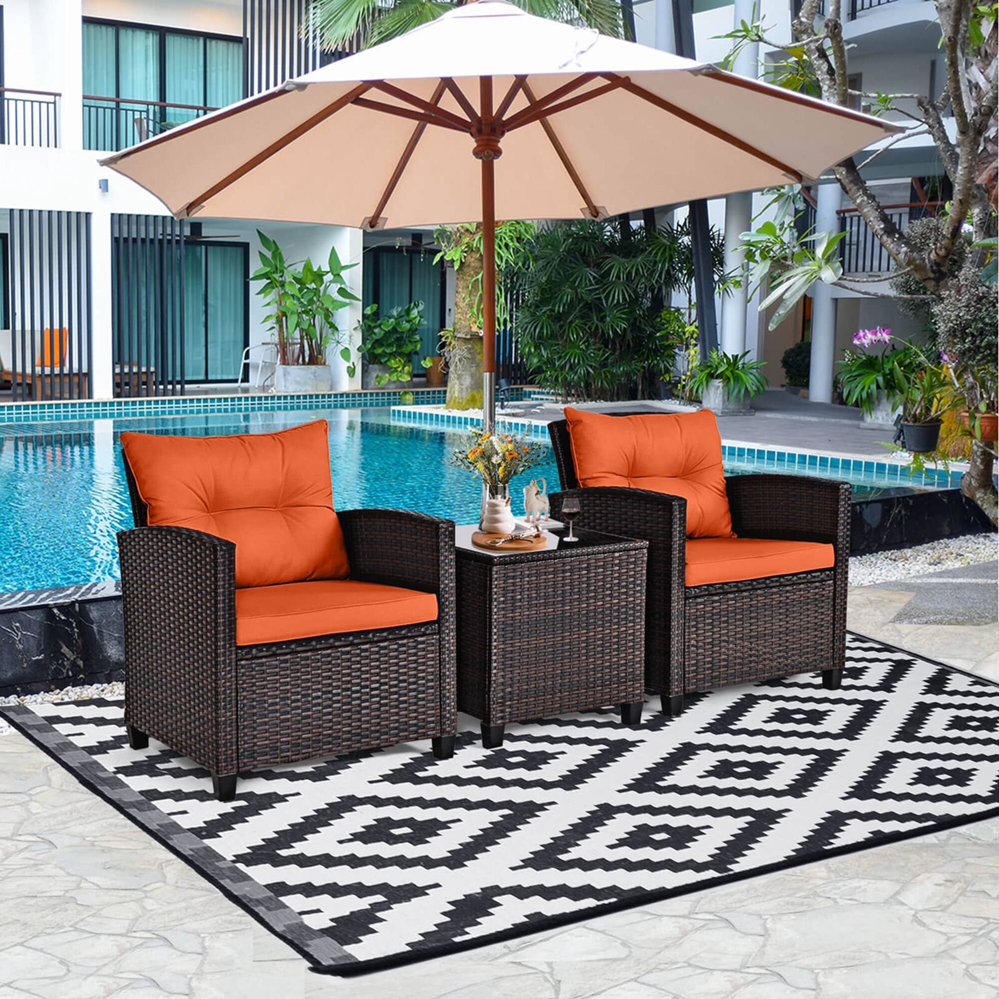 Alt View 3. Costway - 3 PCS Patio Rattan Furniture Set Cushioned Conversation Set Sofa - Orange,Mix Brown.