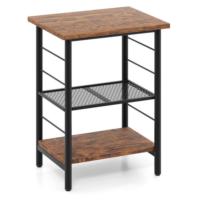 Front. SlickBlue - Space-Saving 3-Tier Nightstand – Industrial Bedside Table for Bedroom or Living Room - Black, Rustic Brown.