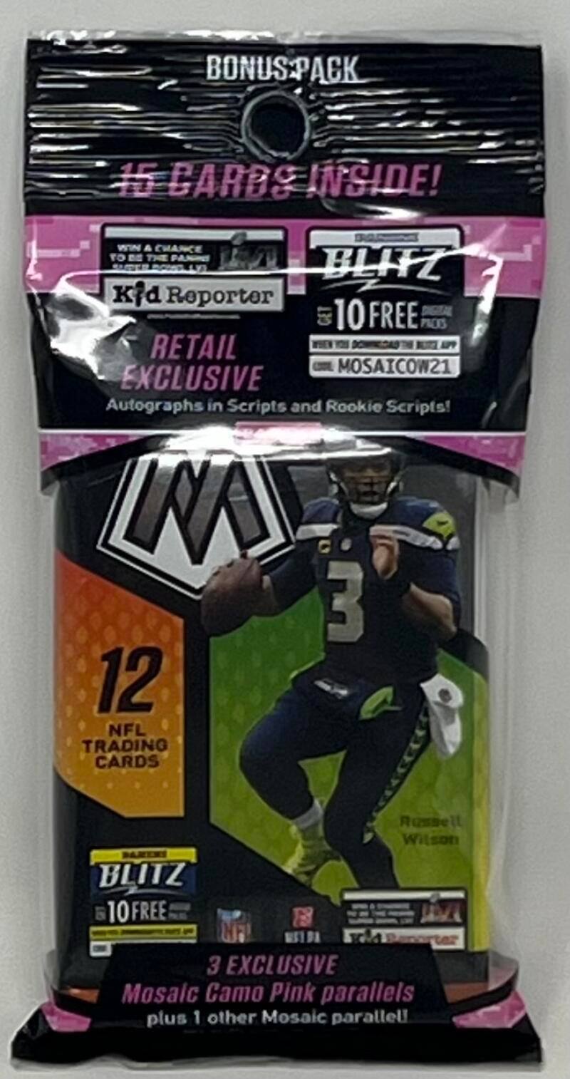 BONUS PACK  
15 CARDS INSIDE!  

WIN A CHANCE TO BLITZ  
Kid Reporter  

GET 10 FREE PACKS  
RETAIL EXCLUSIVE  
MOSAICOW21  
Autographs in Scripts and Rookie Scripts!  

12 NFL TRADING CARDS  

BLITZ  
10 FREE PACKS  

3 EXCLUSIVE  
Mosaic Camo Pink parallels plus 1 other Mosaic parallel!