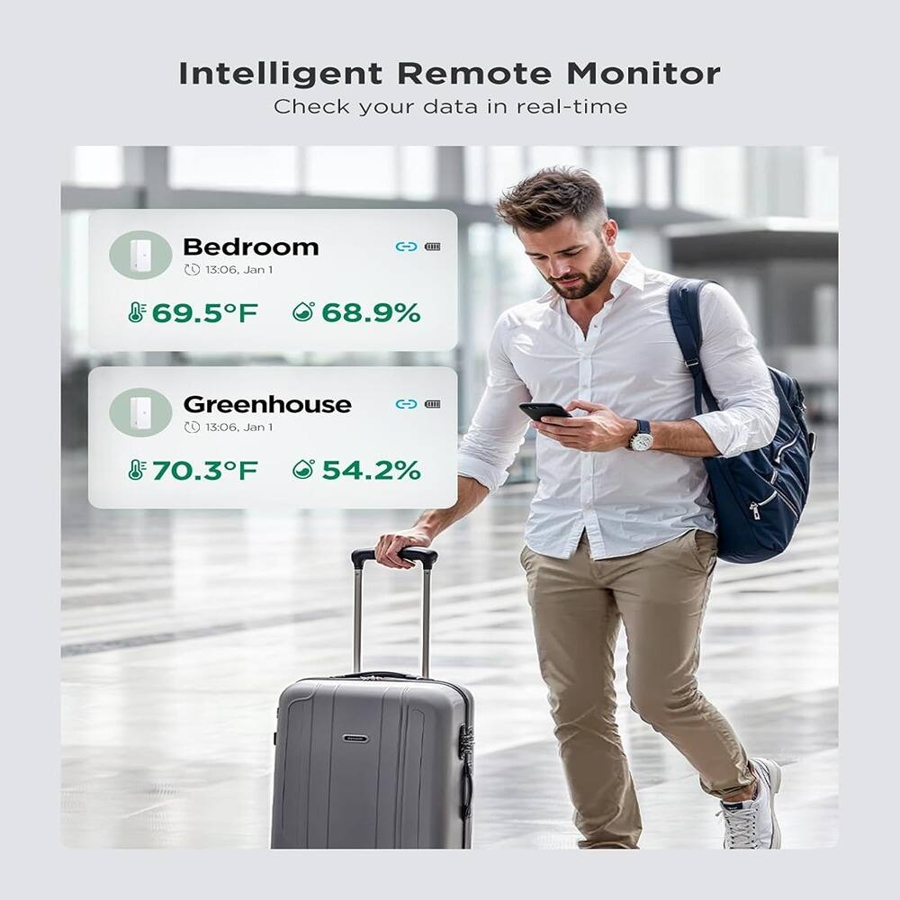 Intelligent Remote Monitor  
Check your data in real-time  

Bedroom  
13:06, Jan 1  
69.5°F  
68.9%  

Greenhouse  
13:06, Jan 1  
70.3°F  
54.2%