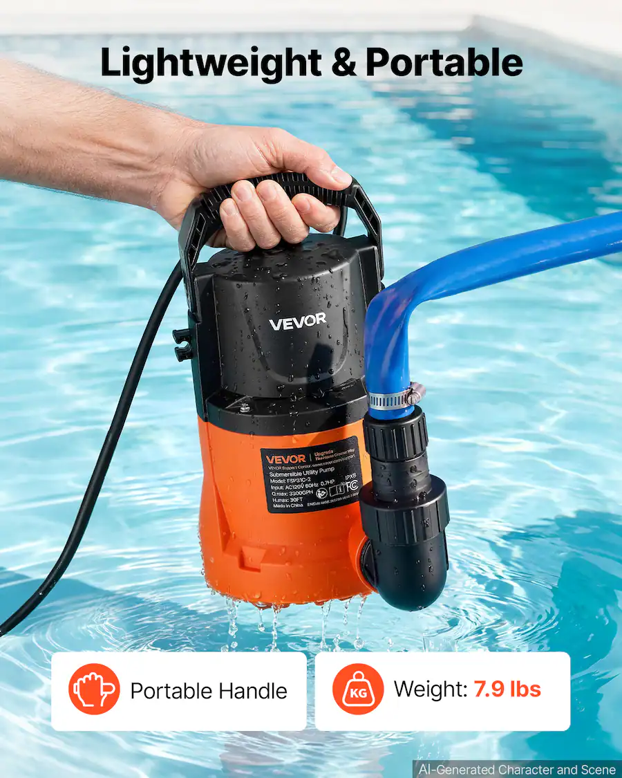 Sub Pump Pool VEVOR Submersible Water Pump 0.7 HP 3300 GPH Portable Utility Sump Pump ...