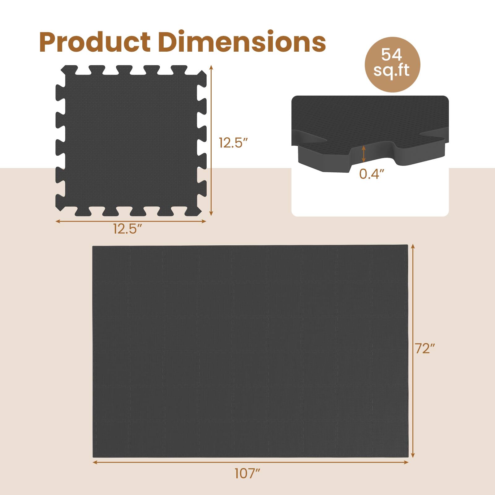 Product Dimensions: 54 sq.ft, 12.5" x 12.5", 0.4" thickness, 72" x 107"