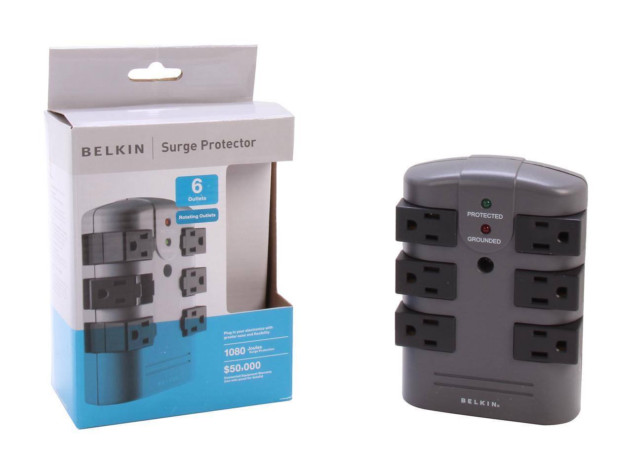 Surge Protector BELKIN 6 Outlets Rotating Outlets PROTECTED GROUNDED electronics with P . yur Bcbaty e02e and greater Joules 1080 epo $50,000 - - BELKING