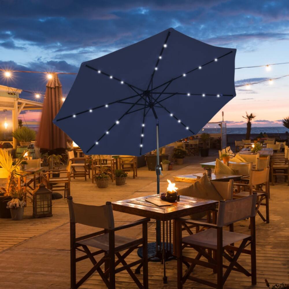 Left. Mondawe - 9 Feet Solar LED Lighted Patio Market Umbrella with Tilt Adjustment without Base - Dark Blue.