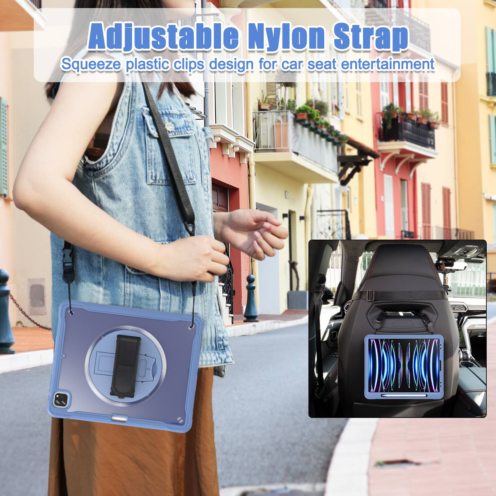 Adjustable Nylon Strap  
Squeeze plastic clips design for car seat entertainment