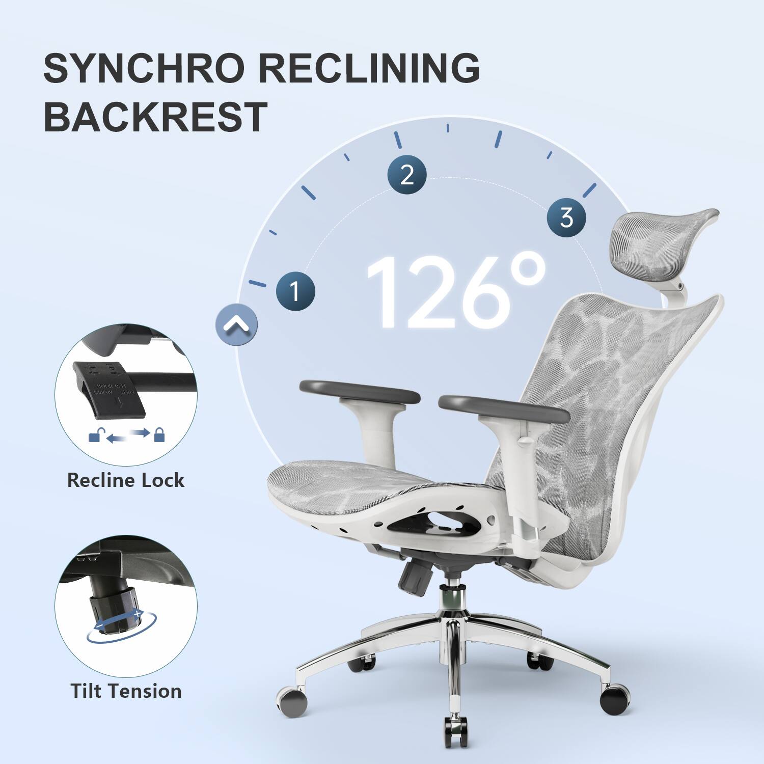 SYNCHRO RECLINING BACKREST

1. Recline Lock
2. Tilt Tension

126°