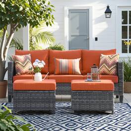 Ovios - 3 PCS Patio Furniture Wicker Sofa Couch with Ottoman for Garden Porch Deck - Orange Red