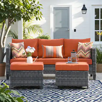 Front. Ovios - 3 PCS Patio Furniture Wicker Sofa Couch with Ottoman for Garden Porch Deck - Orange Red.