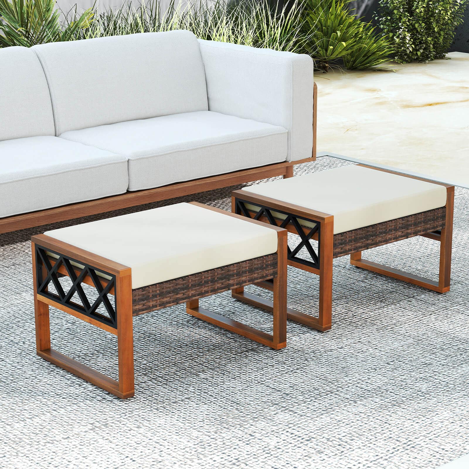 Costway - 2 PCS PE Rattan Wicker Ottomans Outdoor Patio Footstools Multipurpose Furniture - White