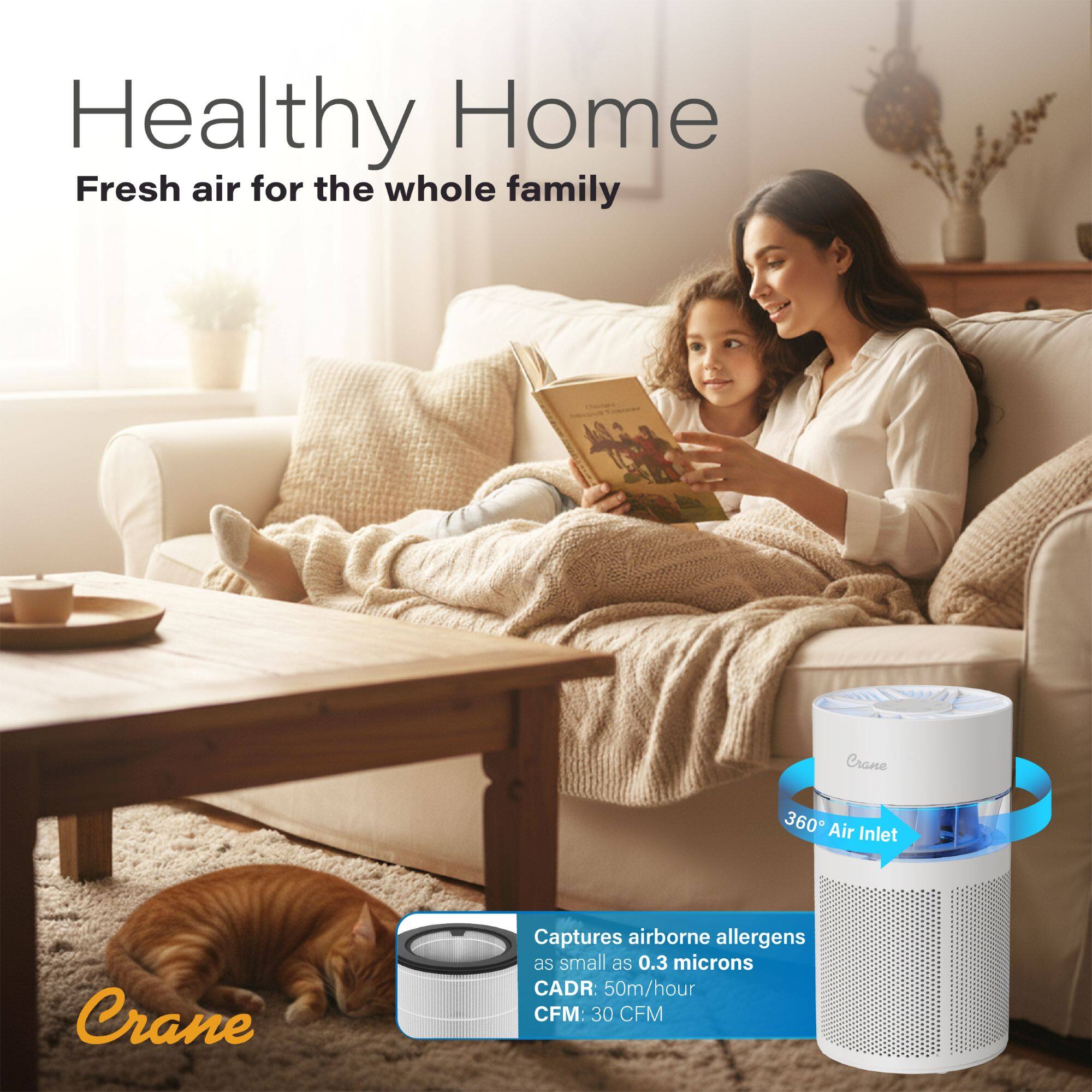 Healthy Home  
Fresh air for the whole family  

Crane 360 Air Inlet  
Captures airborne allergens as small as 0.3 microns  
CADR: 50m/hour  
CFM: 30 CFM
