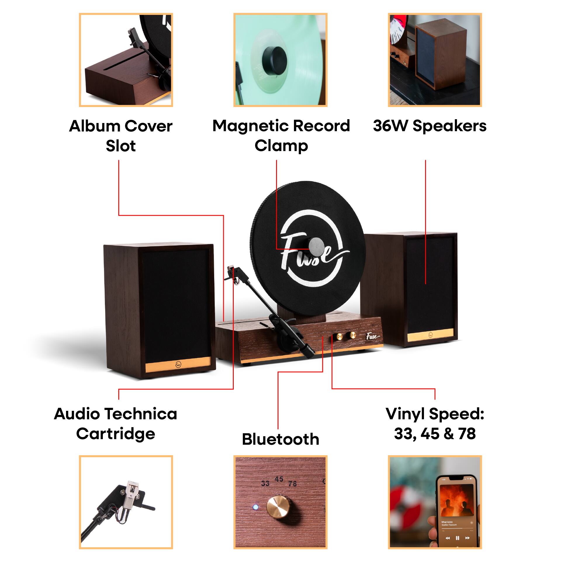 - Album Cover Slot
- Magnetic Record Clamp
- 36W Speakers
- Audio Technica Cartridge
- Bluetooth
- Vinyl Speed: 33, 45 & 78