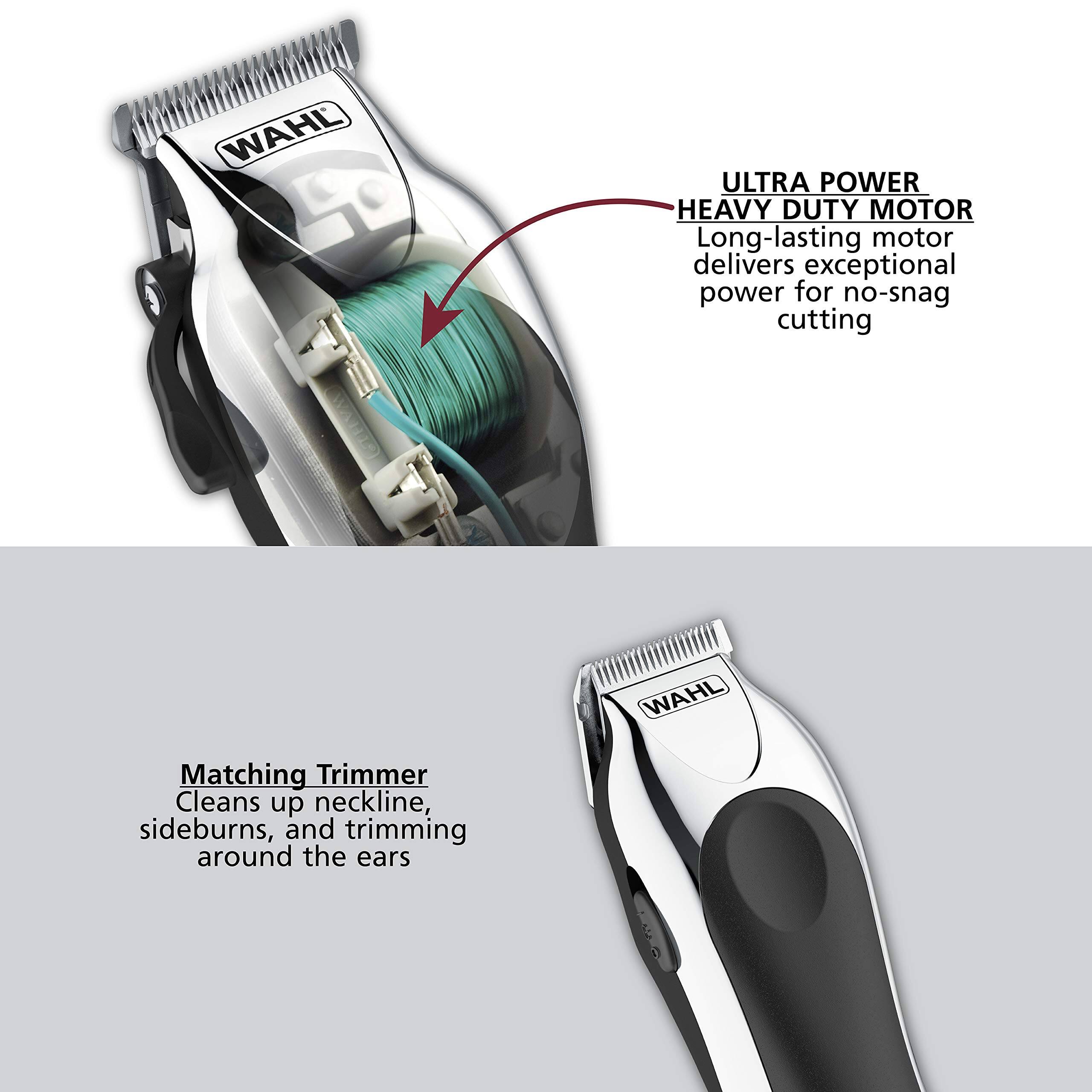 WAHL ULTRA POWER HEAVY DUTY MOTOR  
Long-lasting motor delivers exceptional power for no-snag cutting  

Matching Trimmer  
Cleans up neckline, sideburns, and trimming around the ears