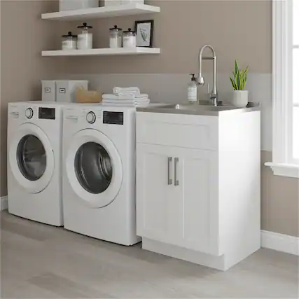 Front. Simpli Home - Hennessy 24 inch Wide Utility Sink and Laundry Cabinet, Glacier White Finish - Glacier White.