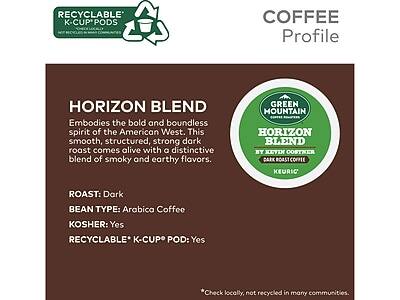 **COFFEE Profile**

**HORIZON BLEND**

Embodies the bold and boundless spirit of the American West. This smooth, structured, strong dark roast comes alive with a distinctive blend of smoky and earthy flavors.

- **ROAST:** Dark
- **BEAN TYPE:** Arabica Coffee
- **KOSHER:** Yes
- **RECYCLABLE* K-CUP POD:** Yes

*Check locally, not recycled in many communities.

**GREEN MOUNTAIN HORIZON BLEND BY KEITH COSTNER**

**KEURIG**