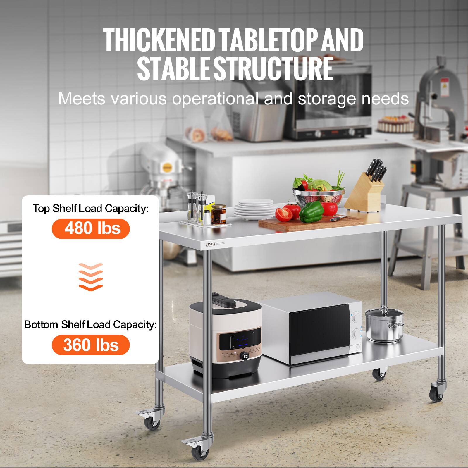 THICKENED TABLETOP AND STABLE STRUCTURE
Meets various operational and storage needs
Top Shelf Load Capacity: 480 lbs
Bottom Shelf Load Capacity: 360 lbs
