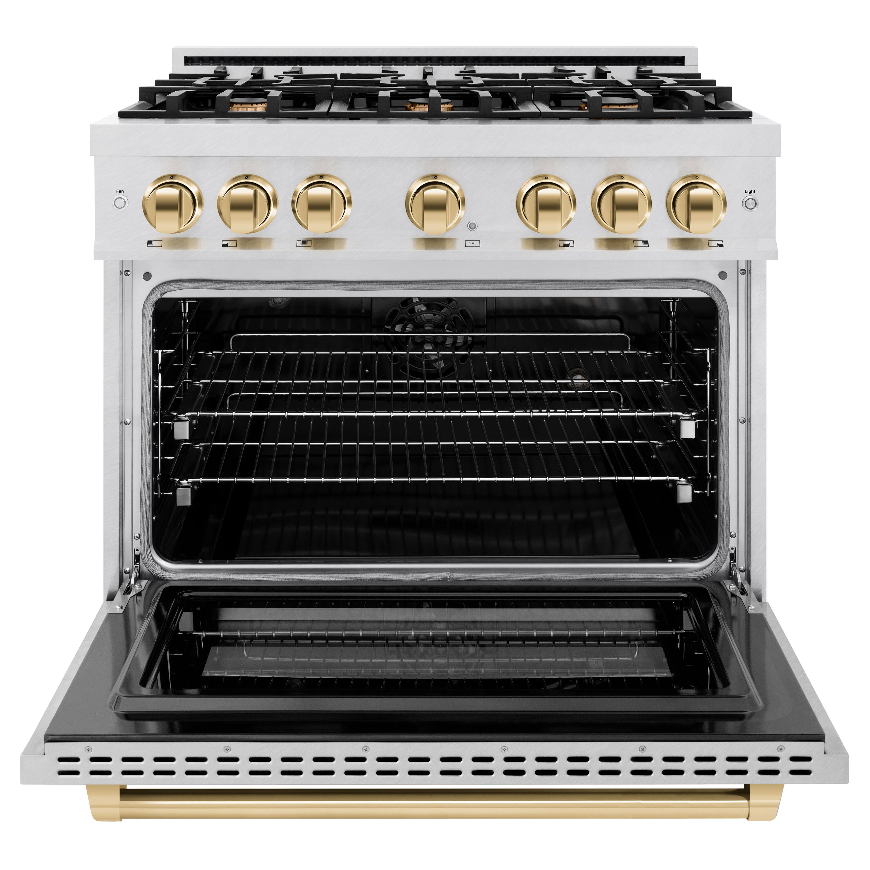 Left. ZLINE - ZLINE Autograph 36 in. Select Dual Fuel Satin Steel Range w/ 6 Burners & Gold Accents (HDRSZ-36-G) - Stainless Steel.