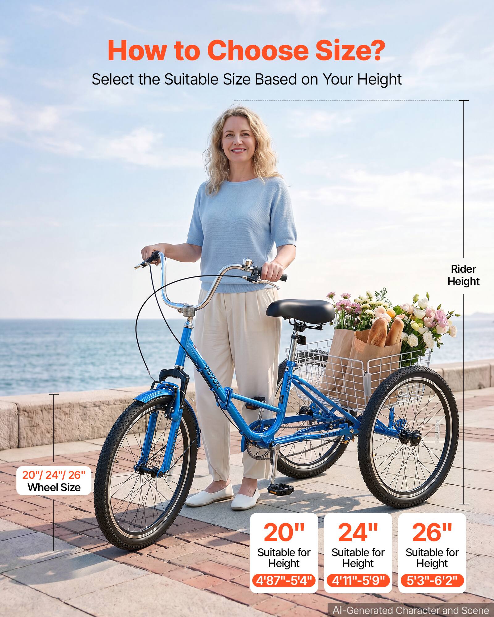 How to Choose Size?  
Select the Suitable Size Based on Your Height

Rider Height

20"/ 24"/ 26" Wheel Size

20"  
Suitable for Height 4'8"-5'4"

24"  
Suitable for Height 4'11"-5'9"

26"  
Suitable for Height 5'3"-6'2"

AI-Generated Character and Scene