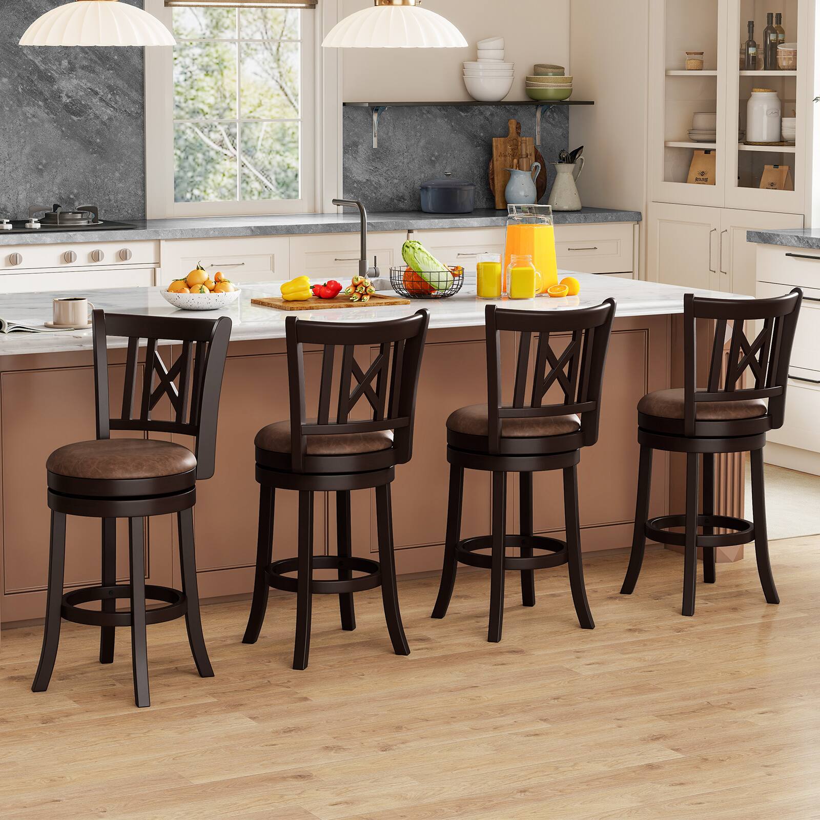 Alt View 1. Gymax - Gymax Set of 4 Bar Stools 26'' Swivel Bar Chairs w/ Footrest Hollowed Backrest - Coffee, Brown.