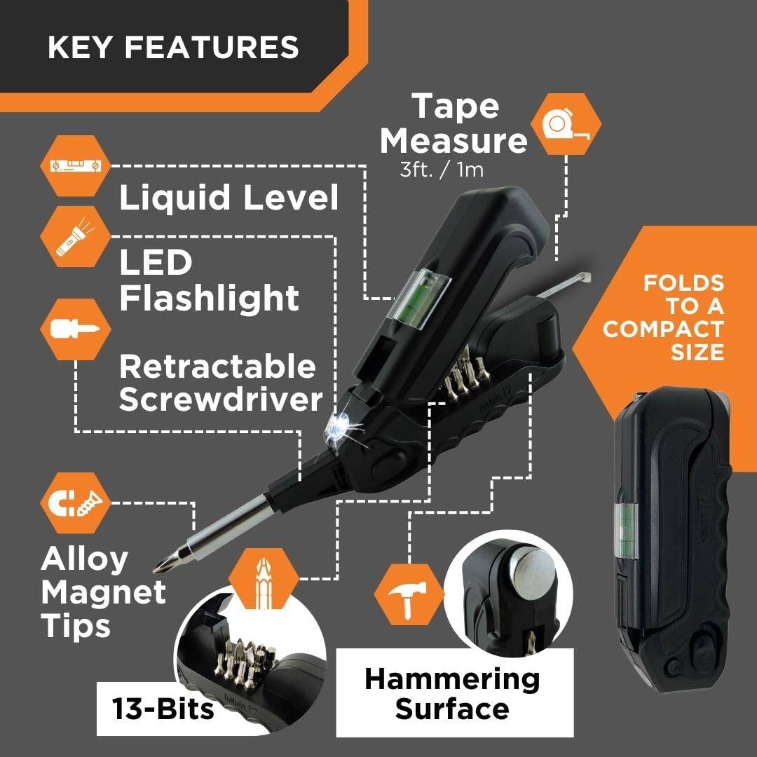 KEY FEATURES

- Tape Measure 3ft. / 1m
- Liquid Level
- LED Flashlight
- Retractable Screwdriver
- Alloy Magnet Tips
- 13-Bits
- Hammering Surface

FOLDS TO A COMPACT SIZE