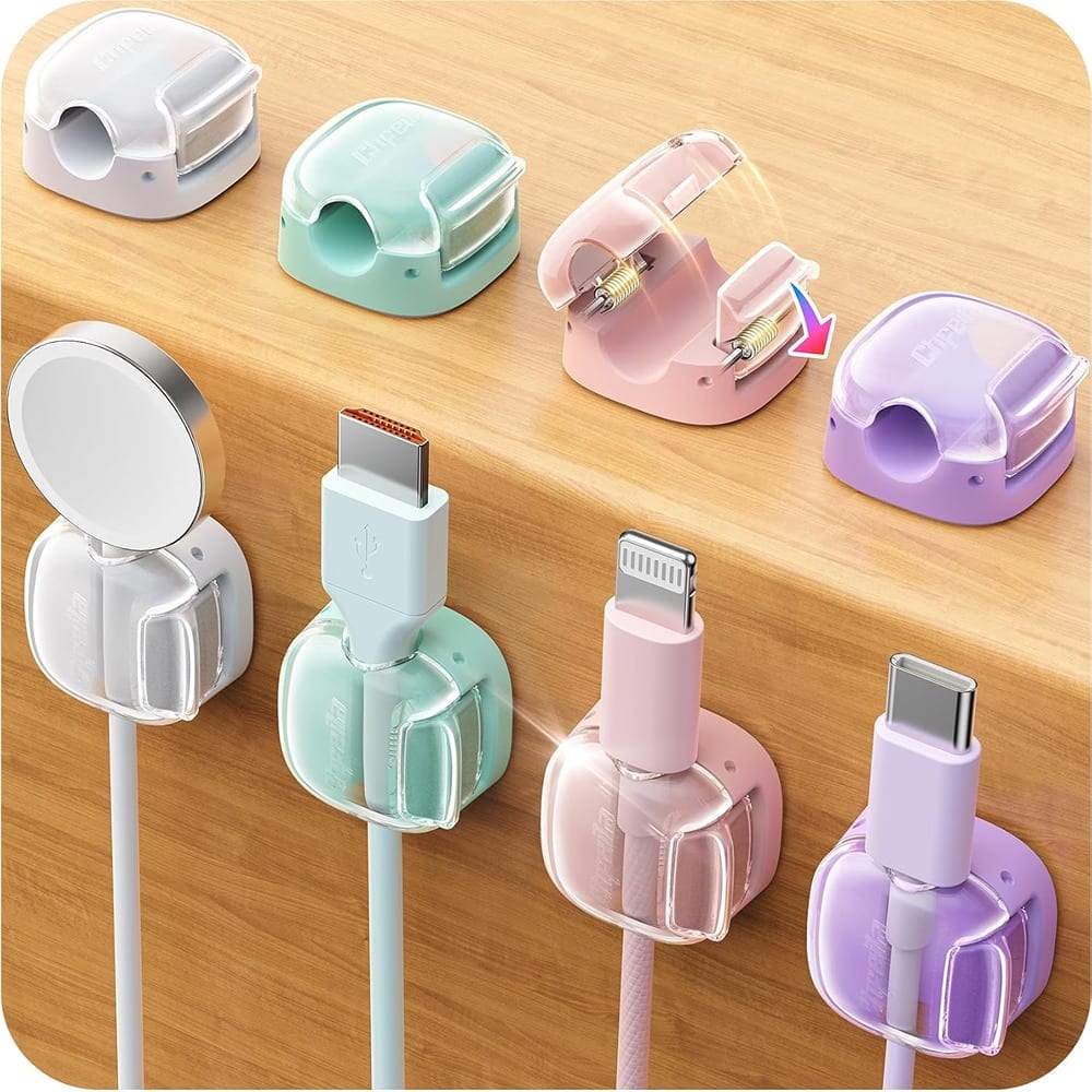 THIRSTY TURTLE - Cord Holder Clips 8-Pack, Cable Organizer for Desk, Nightstand & Home Use