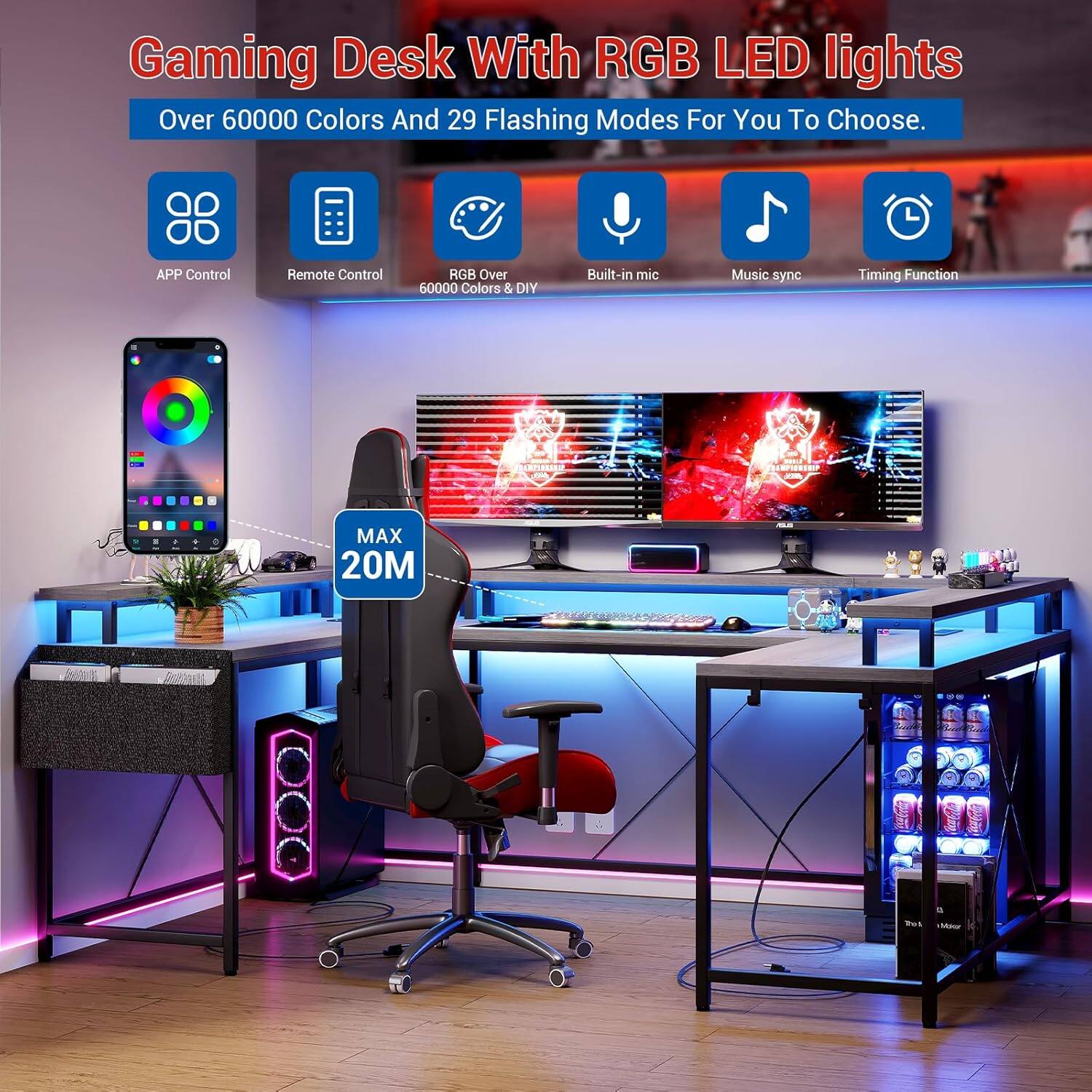 Gaming Desk With RGB LED lights  
Over 60000 Colors And 29 Flashing Modes For You To Choose.  
APP Control Remote Control RGB Over 60000 Colors & DIY Built-in mic Music sync Timing Function  
RaRISO SPSIP MAX 20M
