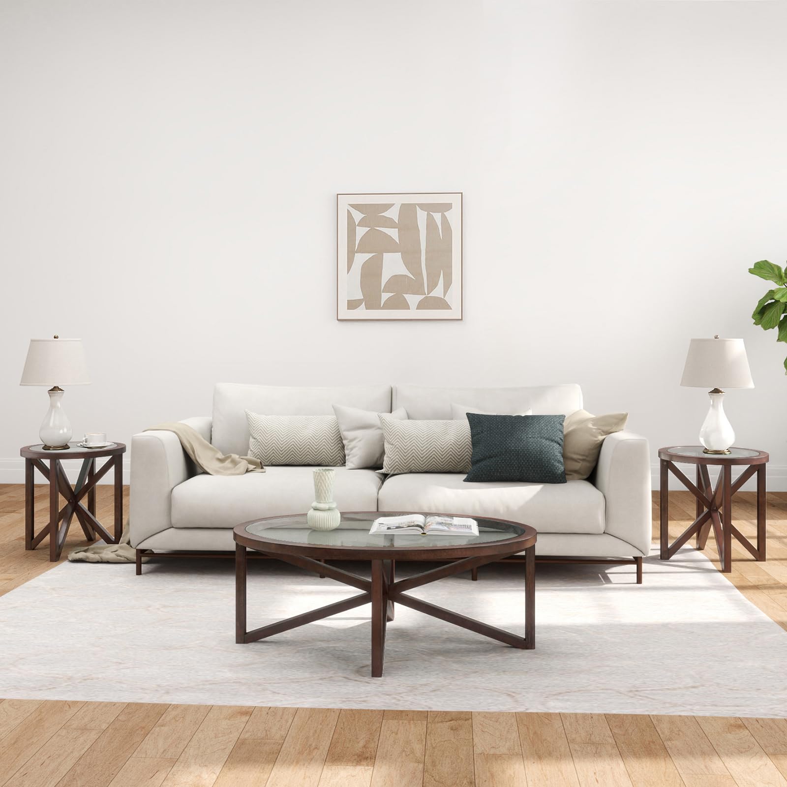 Alt View 5. Ecooso - Modern Glass Coffee Table with Solid Wood Base, Round Tempered Top for Living Room, Terrace, or Study - Cherry.