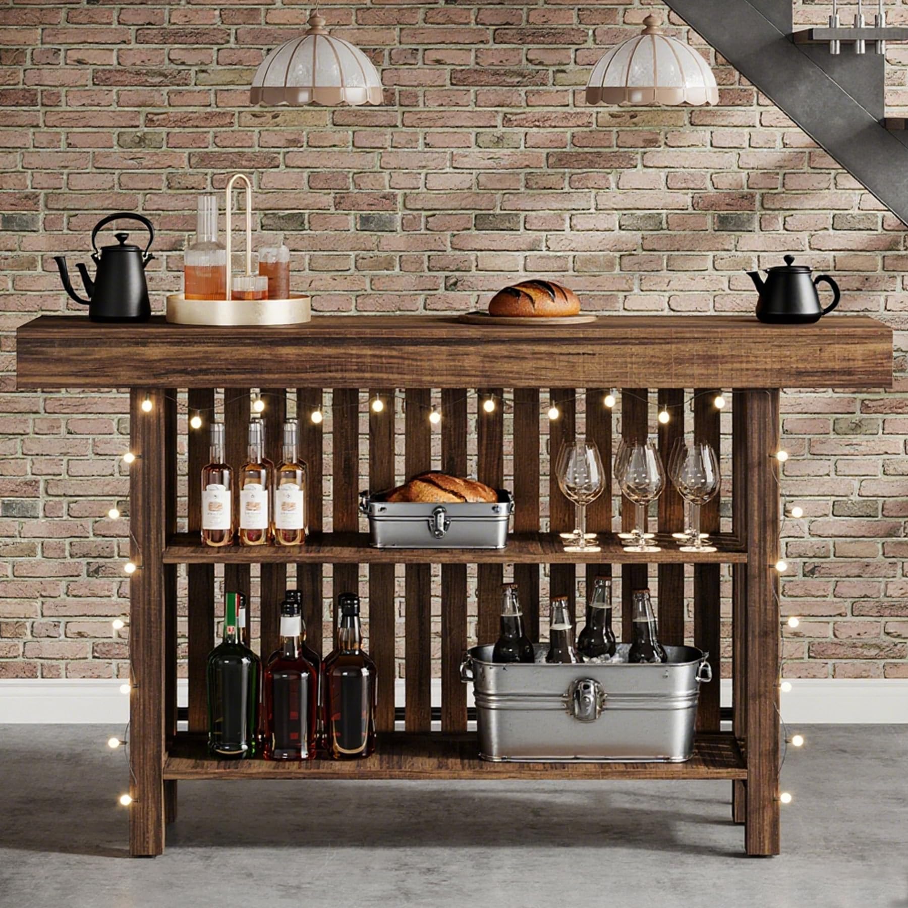 Alt View 2. Tribesigns - 63-Inch Bar Table with Footrest and 2-Tier Storage Shelves for Kitchen or Home Bar - Rustic Brown.