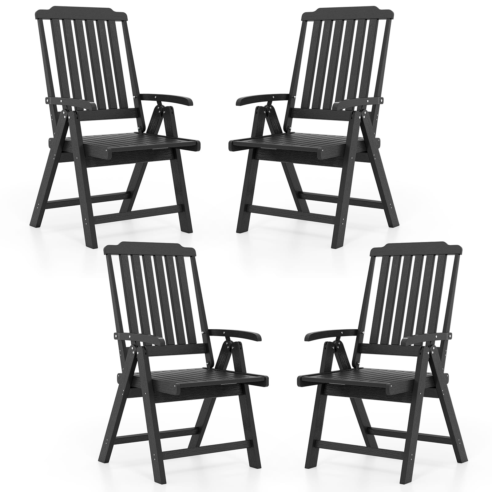 Gymax - 4PCS Foldable Patio Chair w/Armrest Curved Back Slatted Seat for Backyard Deck - Black
