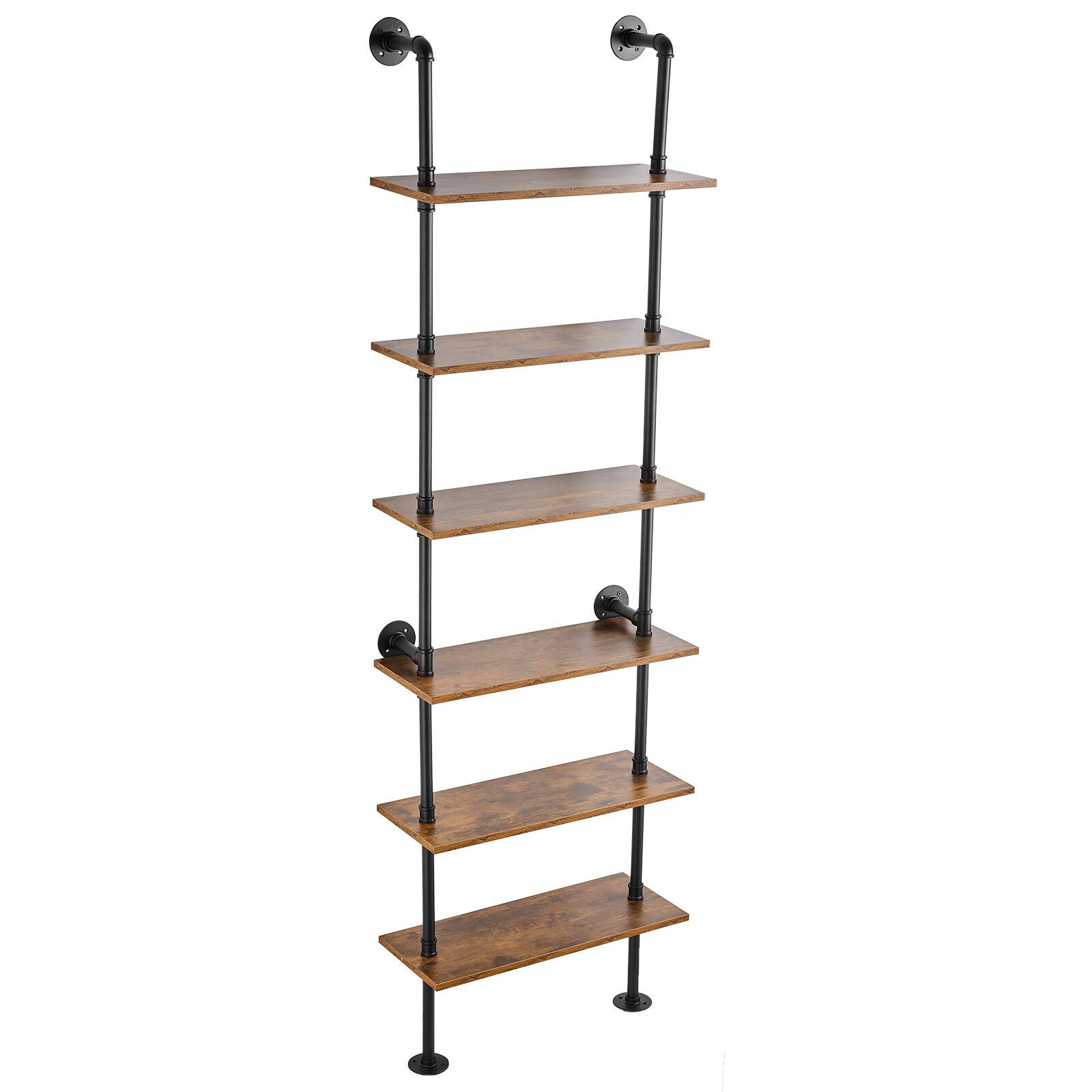 Alt View 4. VEVOR - Industrial Pipe Shelf, 6 Tier 24x9.84in, Wall-Mount Floating Rustic Wood Shelves Bracket Display Bookshelf - black + vintage color.