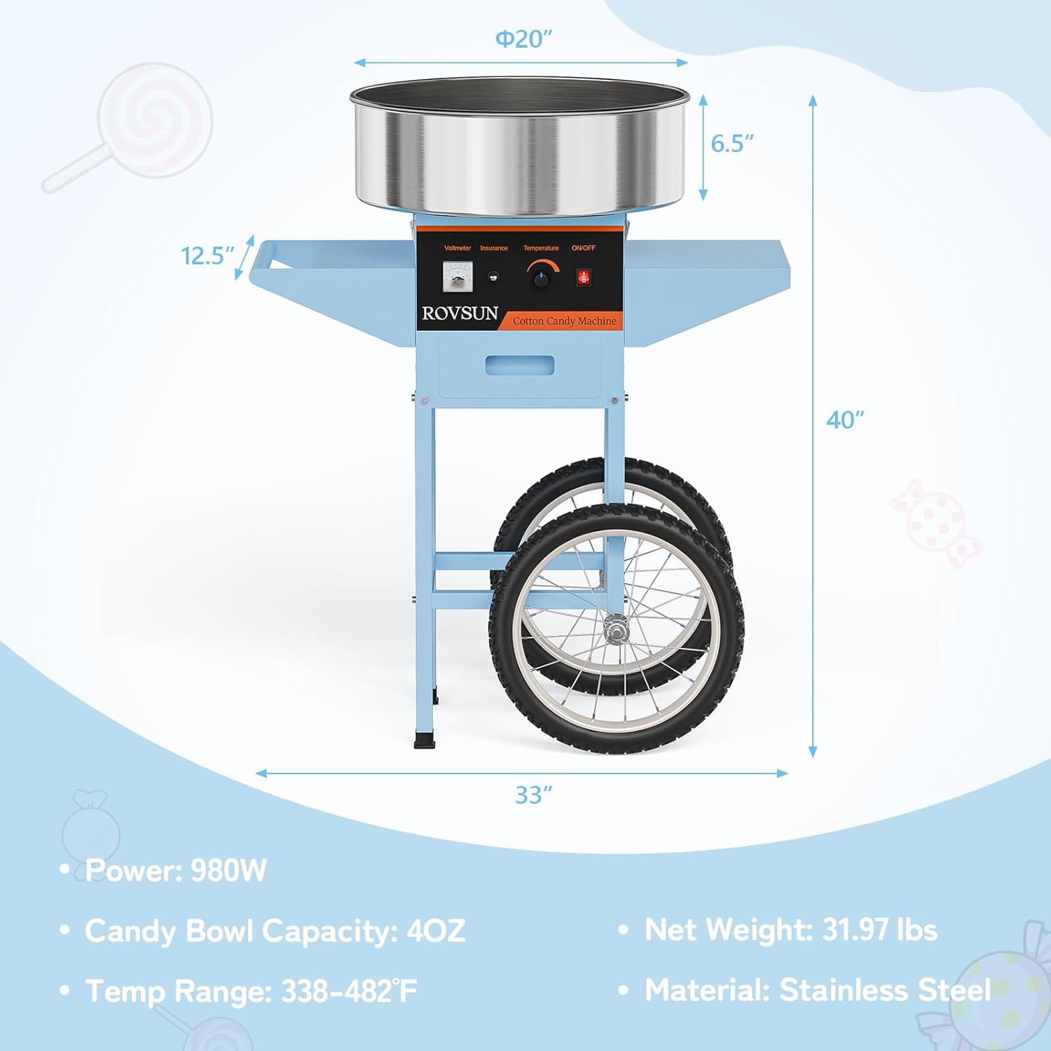 - **Sempendcn SET ROVSUN Colton Candy Machine**
- **Dimensions:**
  - Diameter: 20"
  - Height: 6.5"
  - Width: 40"
  - Depth: 33"
  - Height of Candy Bowl: 12.5"
- **Specifications:**
  - Power: 980W
  - Candy Bowl Capacity: 40OZ
  - Temp Range: 338-482°F
  - Net Weight: 31.97 lbs
  - Material: Stainless Steel