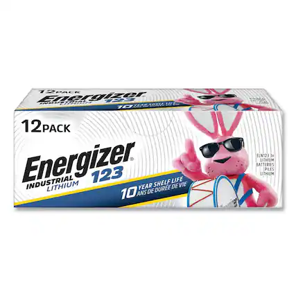 12 PACK Energizer 123
INDUSTRIAL LITHIUM
10 YEAR SHELF LIFE
10 ANS DE DURÉE DE VIE
ELN123 3V
LITHIUM BATTERIES
PILES LITHIUM