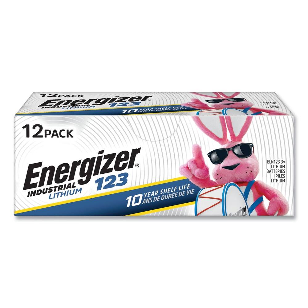 12 PACK Energizer 123  
INDUSTRIAL LITHIUM  
10 YEAR SHELF LIFE  
10 ANS DE DURÉE DE VIE  

ELN123 3V  
LITHIUM BATTERIES  
PILES LITHIUM