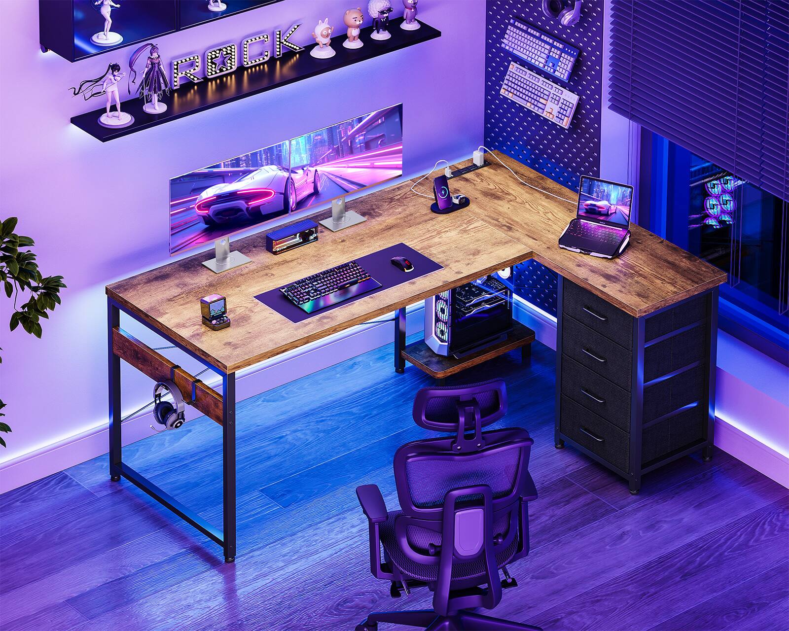 Alt View 1. AODK - Reversible L-Shaped Desk with 4-Tier Drawers, Power Outlets, USB Charging Port and Host Stand - Brown.