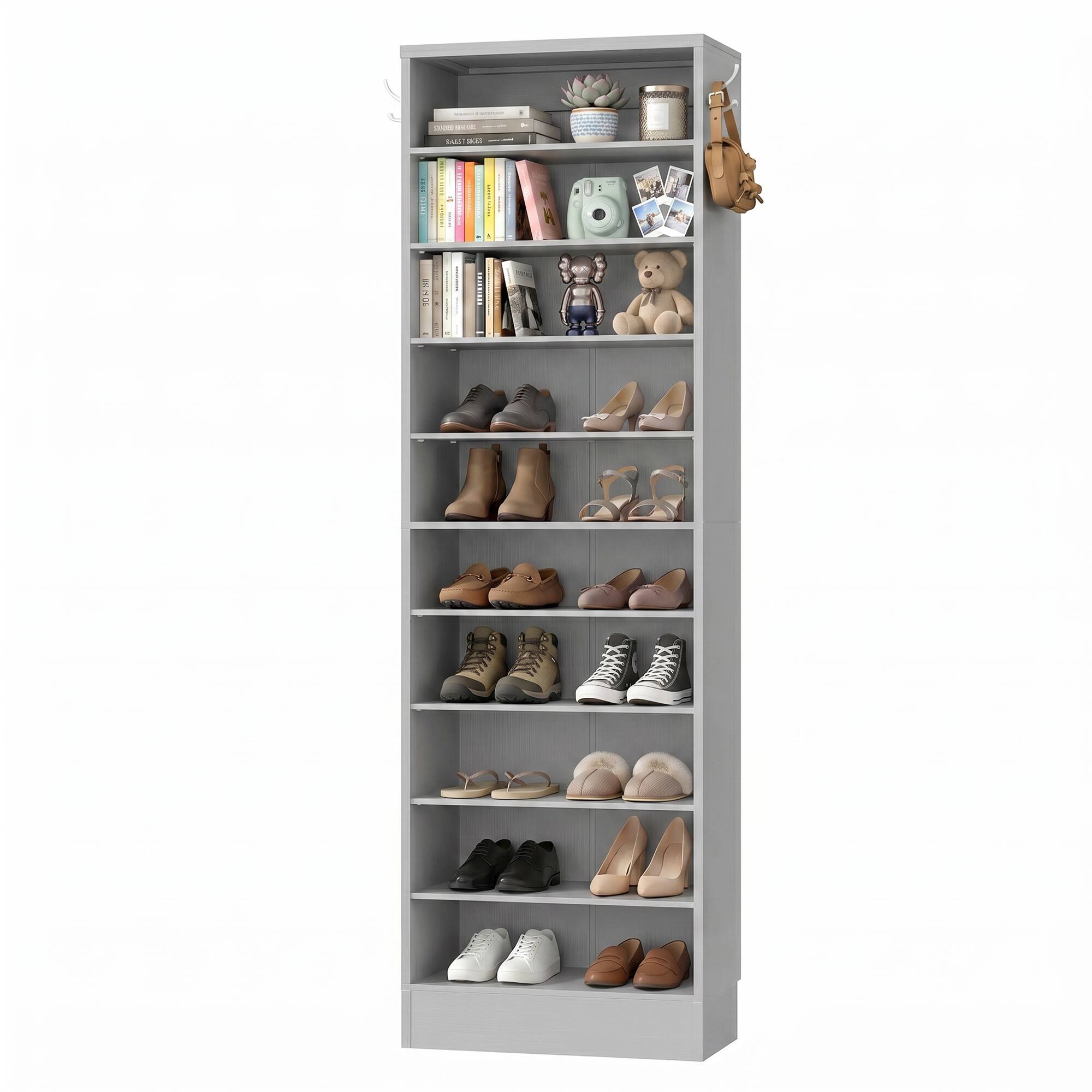 Angle. Aheaplus - 79.5'' Tall 10-Tier Freestanding Wooden Shoe Rack Tower with 2 Hooks - Gray.