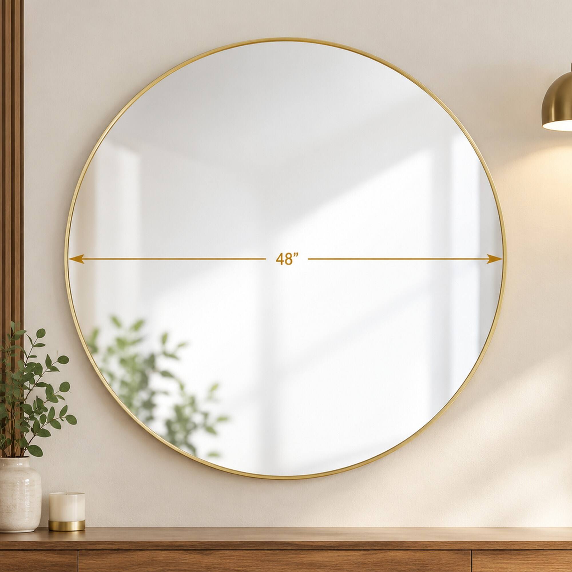Alt View 3. RYHNUYNE - 48 Inch Round Gold Wall Mirror, Metal Frame, Dust Proof, Wall Mounted, Bathroom and Bedroom Decor - Gold.