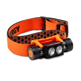 Dark Energy - Rechargeable LED Headlamp | 900 Lumens with White & Red Light | IP66 Water-Resistant with Adjustable Hex-Grip Strap - Hi-Vis Orange