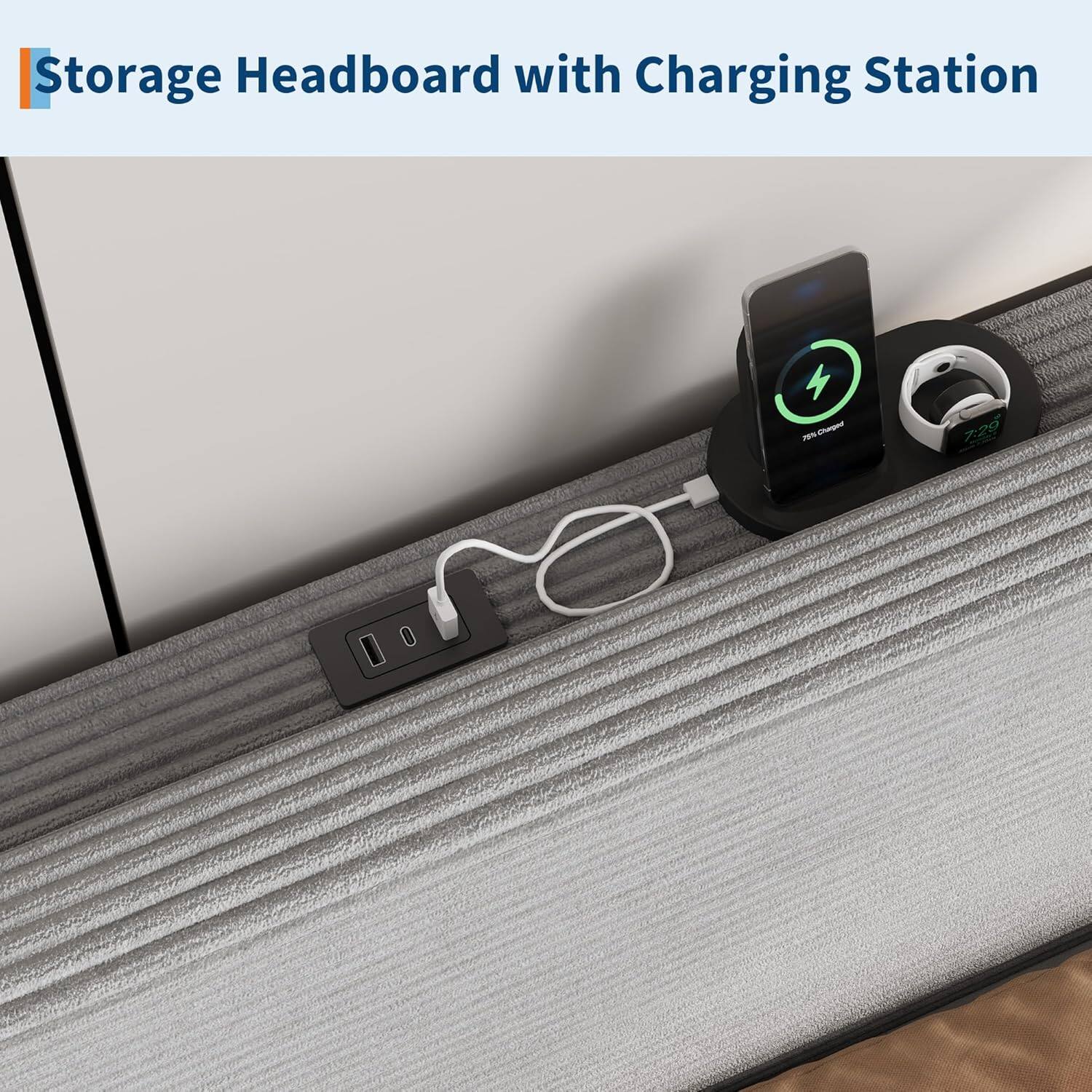 Storage Headboard with Charging Station