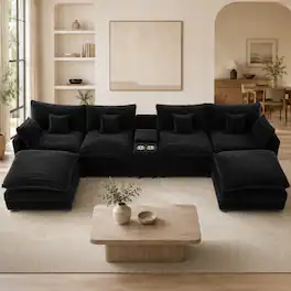 Anysun - 141" U-Shaped Sofa Set – Center Console with USB Ports & Cup Holders – Includes 4 Pillows - Black