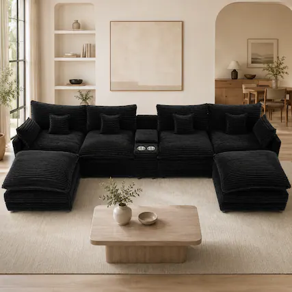 Front. Anysun - 141" U-Shaped Sofa Set – Center Console with USB Ports & Cup Holders – Includes 4 Pillows - Black.