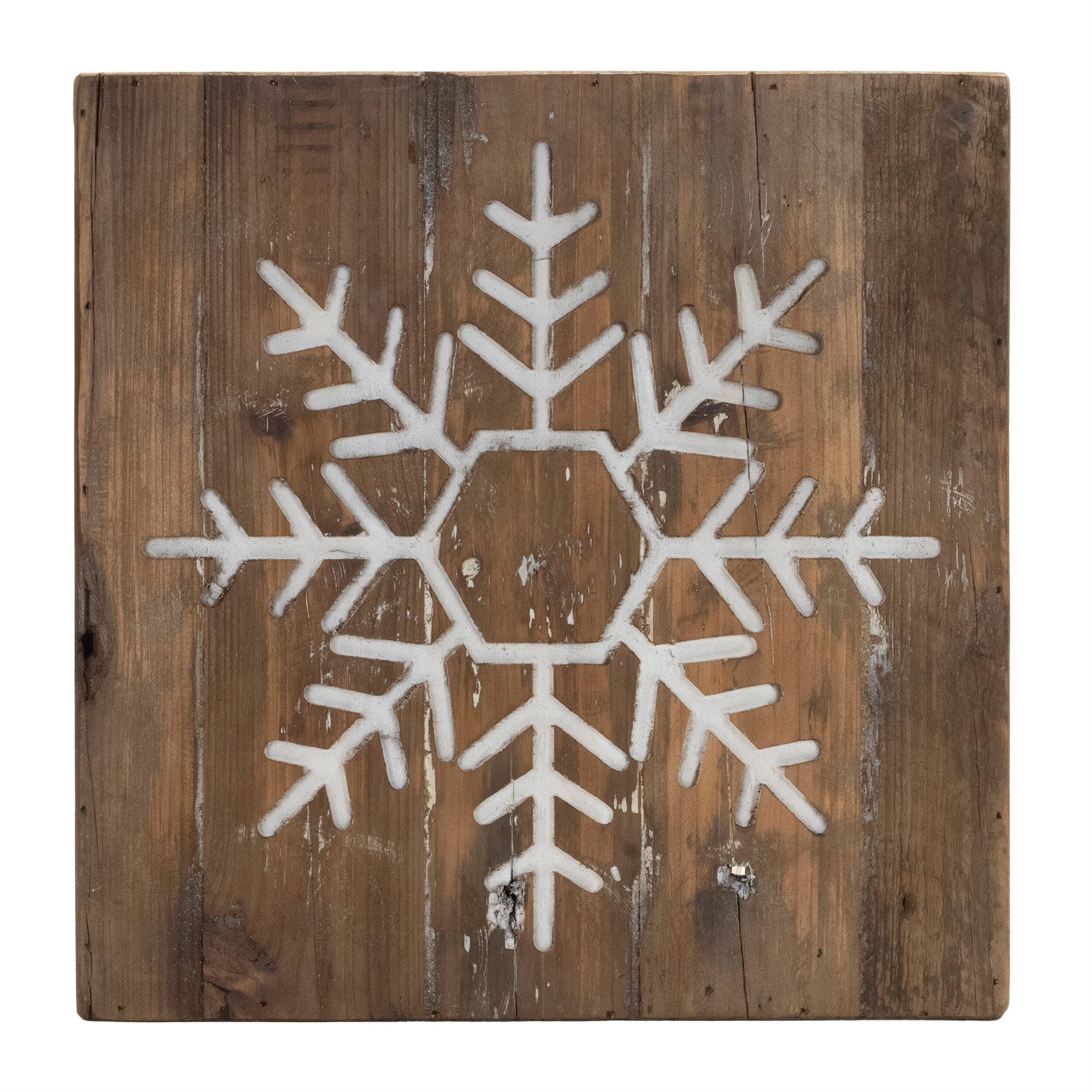 Angle. BreeBe - Distressed Wood Snowflake and Tree Block (Set of 2) - Brown, White.
