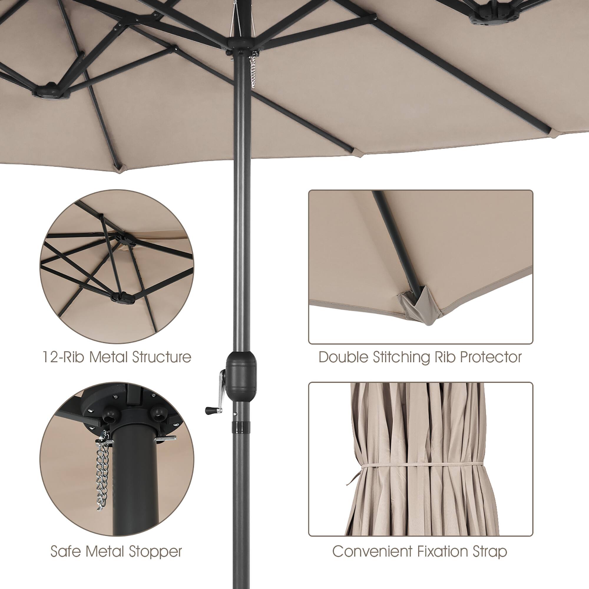 The image features an umbrella with a 12-rib metal structure, a double stitching rib protector, and a safe metal stopper. The umbrella also has a convenient fixation strap.