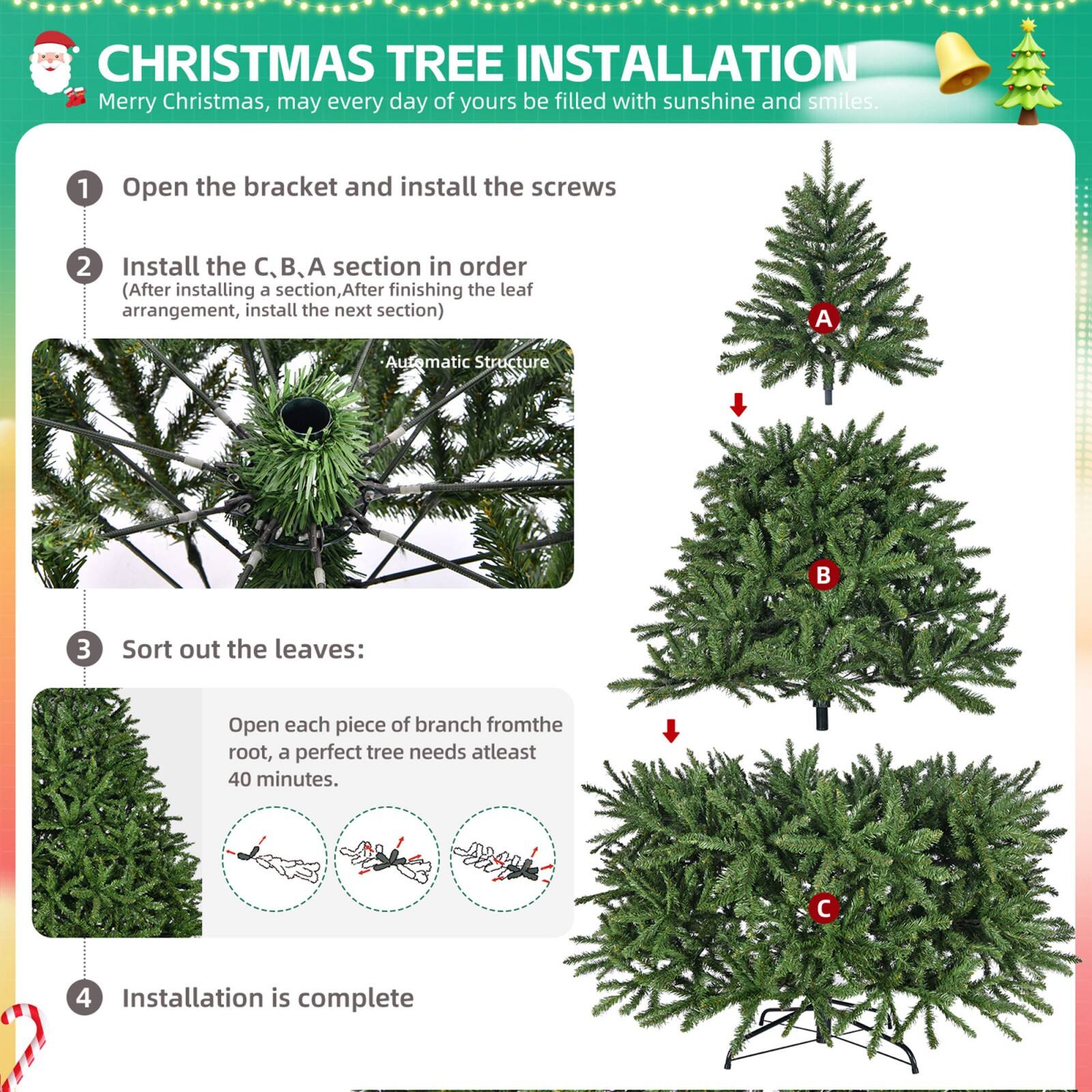 **CHRISTMAS TREE INSTALLATION**

Merry Christmas, may every day of yours be filled with sunshine and smiles.

1. Open the bracket and install the screws

2. Install the C, B, A section in order  
   (After installing a section, After finishing the leaf arrangement, install the next section)

3. Sort out the leaves:  
   Open each piece of branch from the root, a perfect tree needs at least 40 minutes.

4. Installation is complete