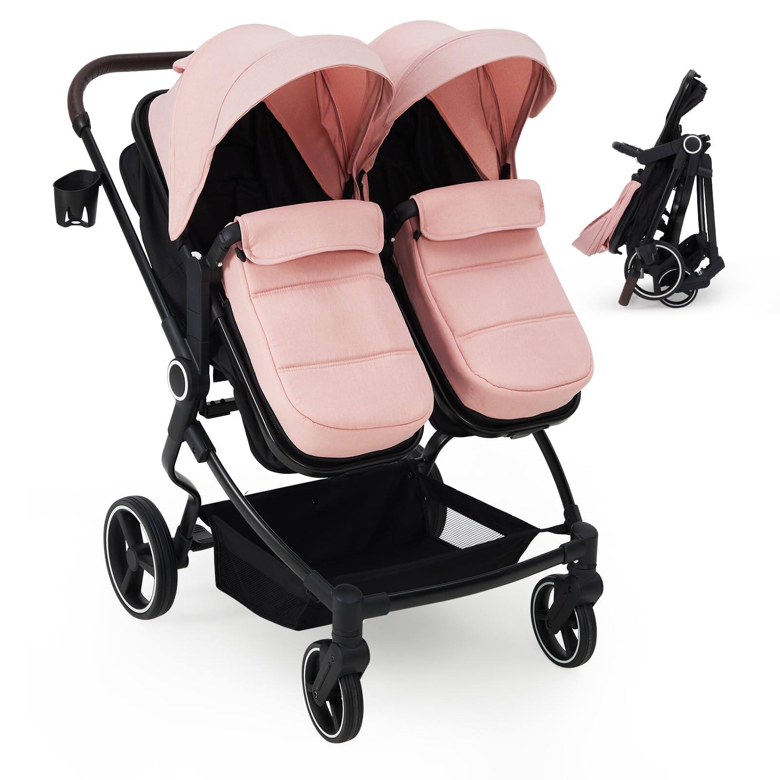 Jojoka - Double Stroller for Twins, Foldable Baby Travel Stroller w/ High Landscape Seat, Adjustable Canopy and Recline - Pink