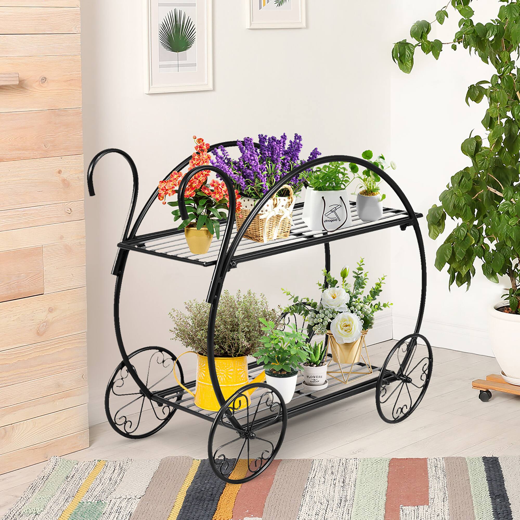 Alt View 3. Costway - Heavy Duty Metal Flower Cart Pot Rack Plant Display Stand Holder Decor - Black.