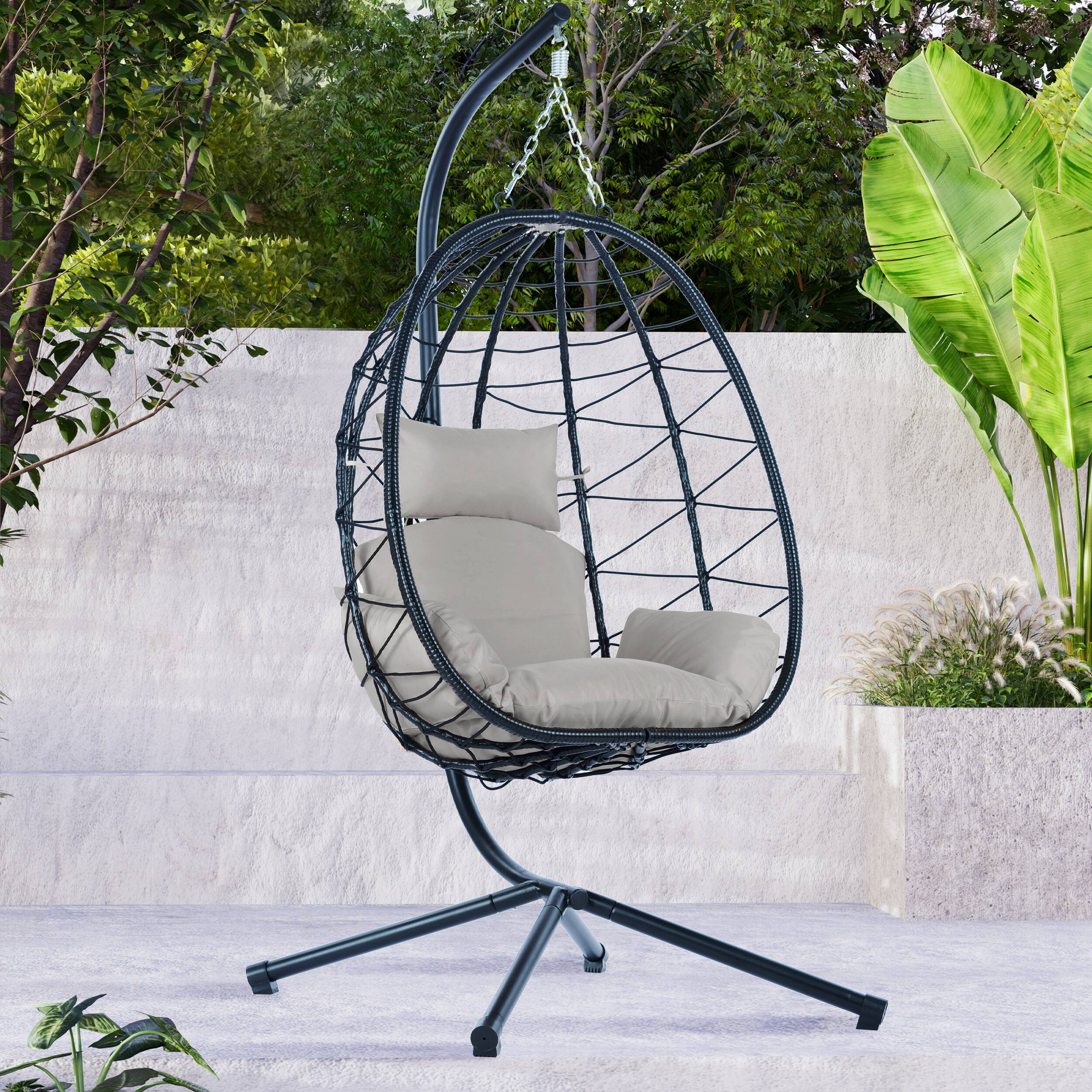 Angle. Tiramisubest - Egg Chair with Stand Indoor Outdoor Swing Chair Patio Wicker Hanging Egg Chair for Bedroom,Living Room,Balcony - Light Gray.