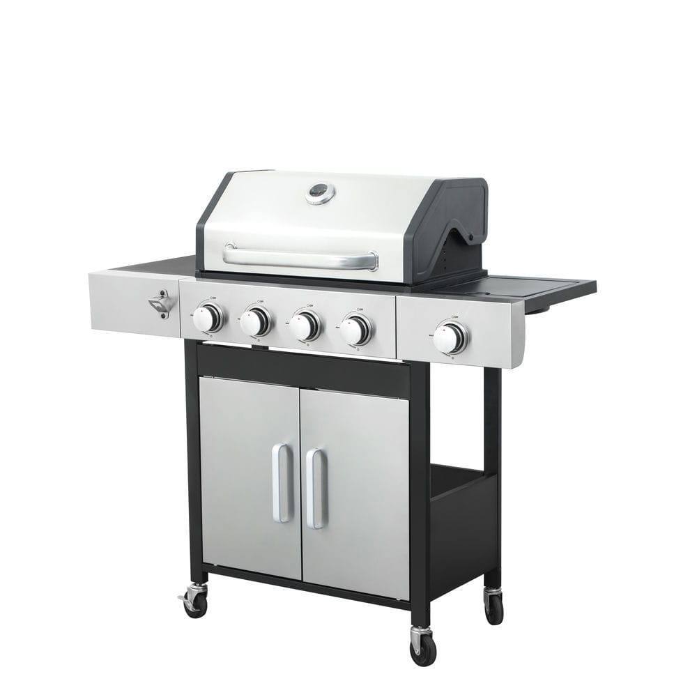 Front. Resenkos - 4-Burner Propane Gas BBQ Grill with Side Burner, 46790BTU Output With Enameled Cast Iron Cooking Grids, Stainless Steel.
